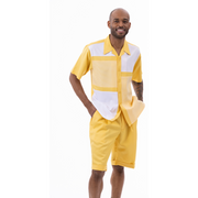 Montique Canary Houndstooth Color Block 2-Piece Short Sleeve Walking Suit Shorts Set