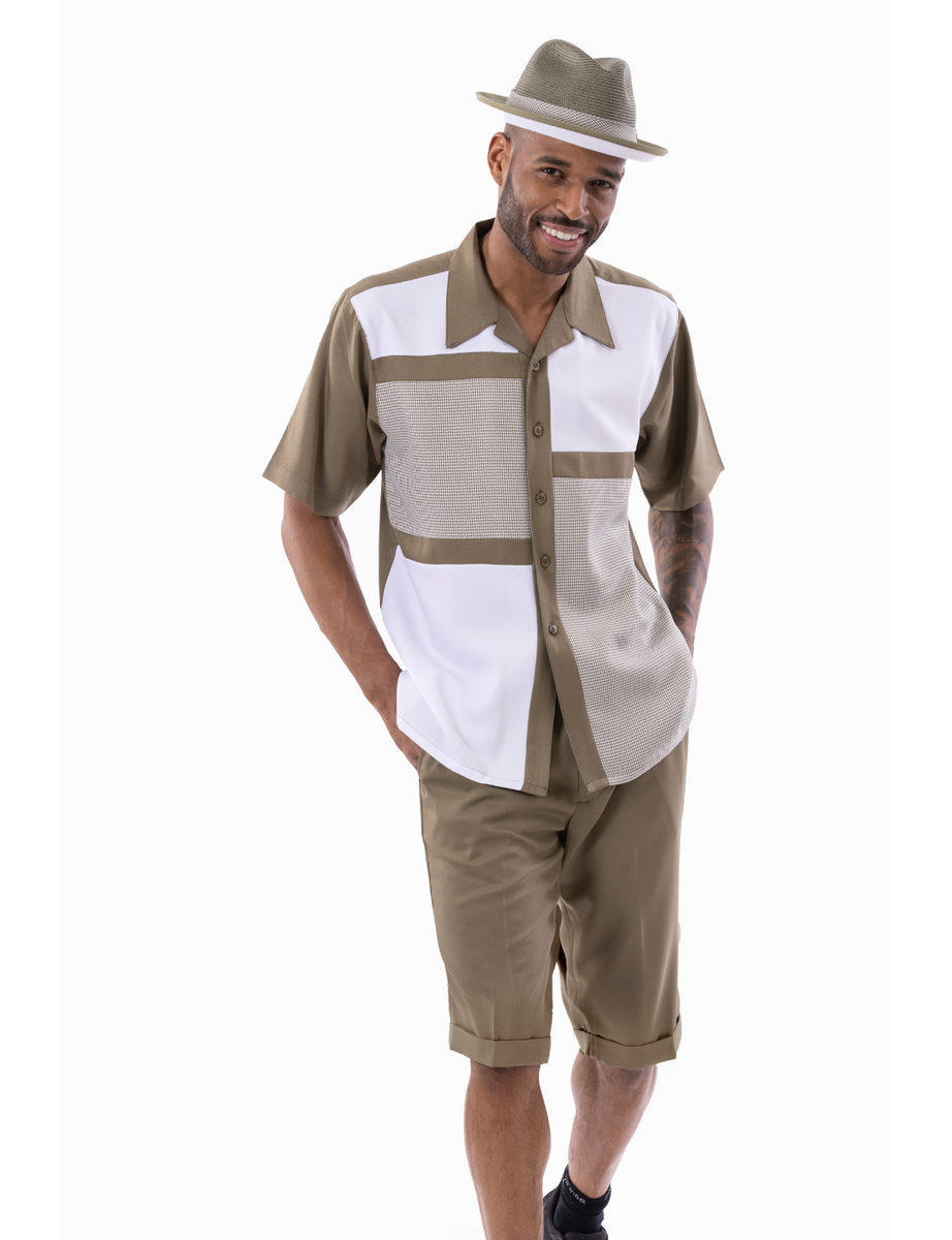 Olive Houndstooth Color Block Walking Suit Shorts Set | Montique