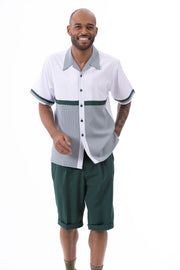 Emerald Houndstooth Horizontal Color Block 2-Piece Short Sleeve Walking Suit Shorts Set
