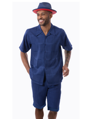 Montique Navy Tone-on-Tone Short Pants Walking Suit