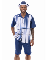 Quirkara Collection: Montique Faded Stripes in Navy Walking Suit 2 Piece SHORTS SET 72324