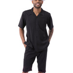 Plush Plains Collection: Montique Men's 2 Piece SHORTS SET Walking Suit Solid in Black 7696