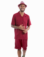 Montique Burgundy 2-Piece Shorts Set Walking Suit with Open Collar