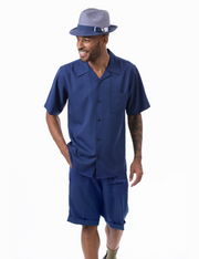 Montique Navy 2-Piece Shorts Set Walking Suit with Open Collar