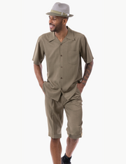 Montique Olive 2-Piece Shorts Set Walking Suit with Open Collar