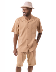 Montique Tan 2-Piece Shorts Set Walking Suit with Open Collar