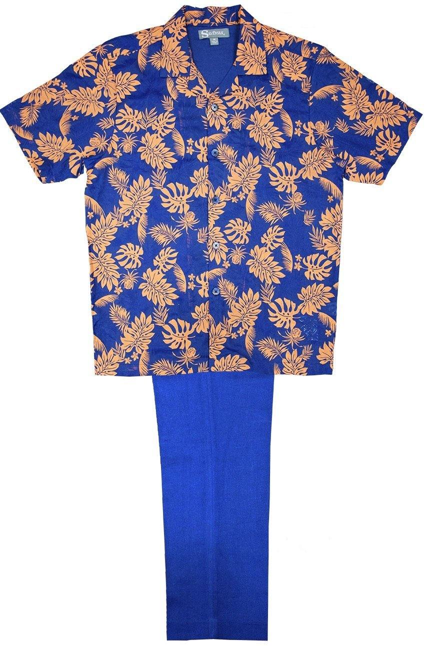 Hawaiian Print 2 Piece Navy Short Sleeve Linen Burnout Set 8602 - Suits & More