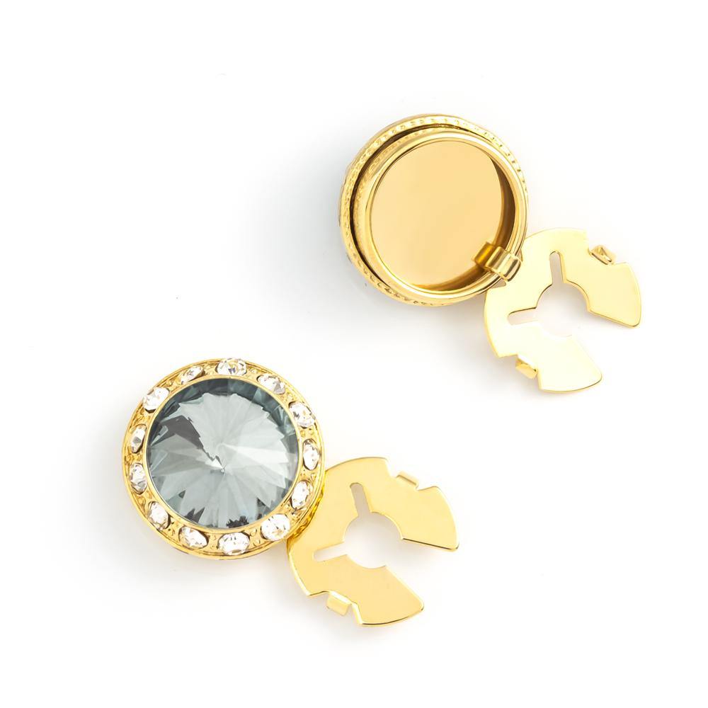 Men's Gold/Silver Button Cover Cuff-Link With Crystal Stud Centered Surrounded By Crystal Studs - Suits & More