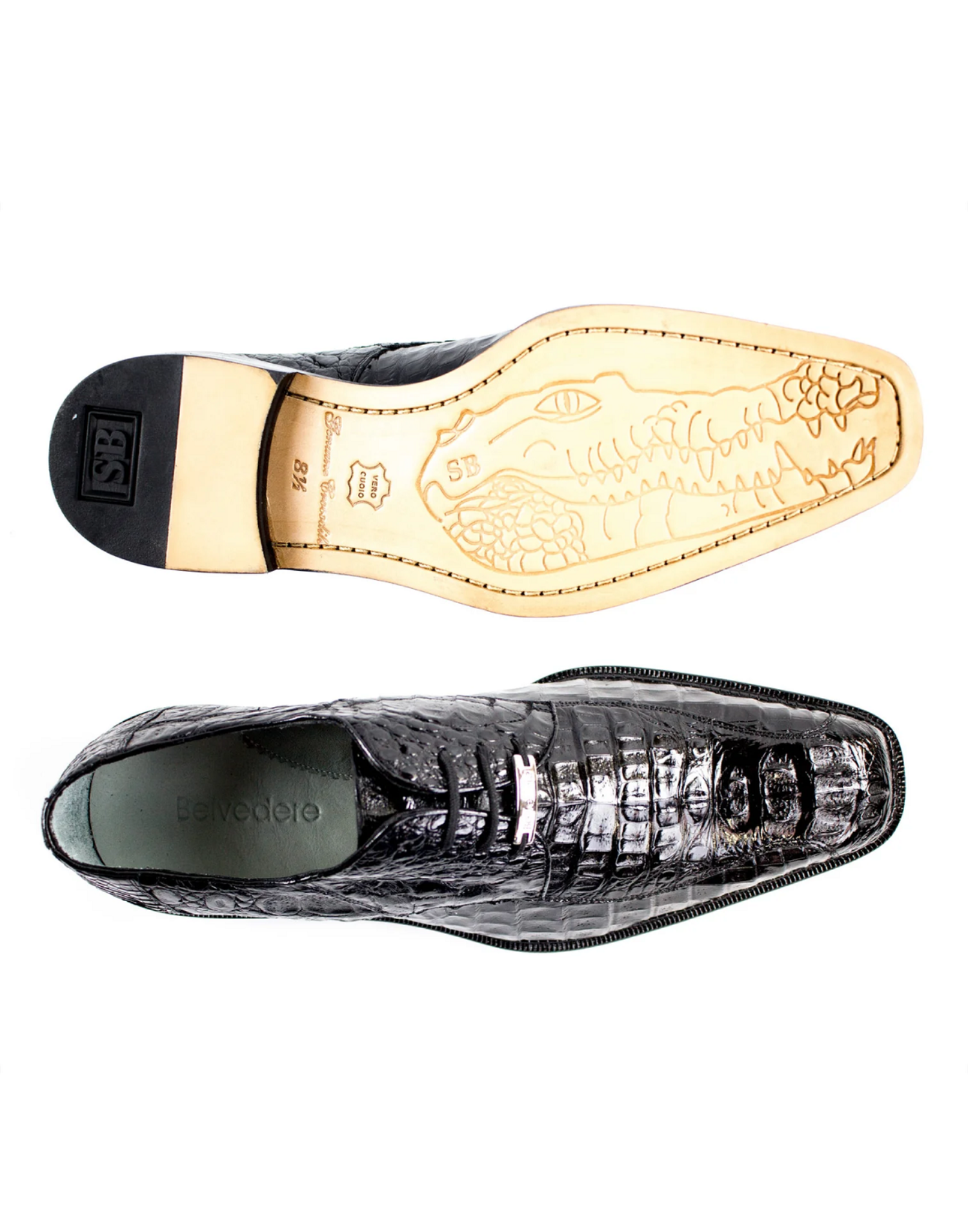 Leather outsole of black Belvedere caiman shoe