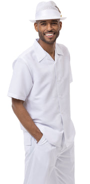 Tone On Tone White Walking Suit 2 Piece Horizontal Stripe Short Sleeve Set 2222