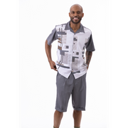Montique Grey 2 Piece Geometric Print Regular Fit Short Pants Walking Suit