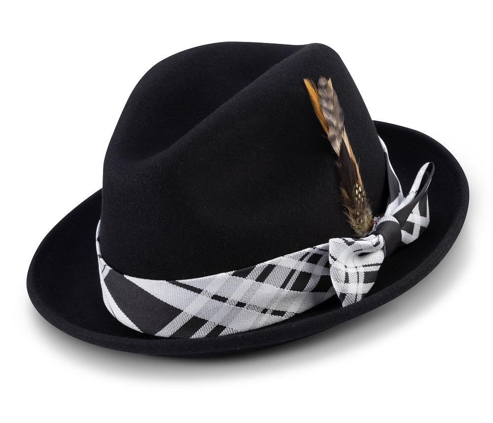 Montique Black 2" Brim Matching Plaid Ribbon Wool Felt Dress Hat H-2136 - Suits & More