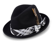 Black 2 Inch Brim Wool Felt Fedora Hat with Plaid Ribbon by Montique