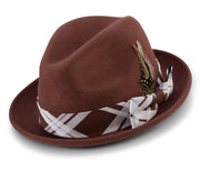 Cognac Wool Felt Fedora Hat with Plaid Ribbon by Montique