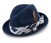 Navy 2 Inch Brim Wool Felt Fedora Hat with Plaid Ribbon by Montique