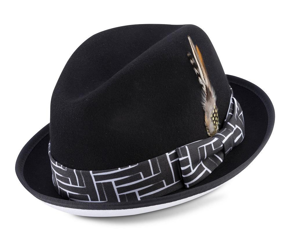 Montique White Bottom 2" Brim Matching Band Black Wool Felt Dress Hat H-2177 - Suits & More