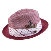 Montique Burgundy 2" Brim Pinch Braided Fedora With Matching Plaid Ribbon Hat H-2303