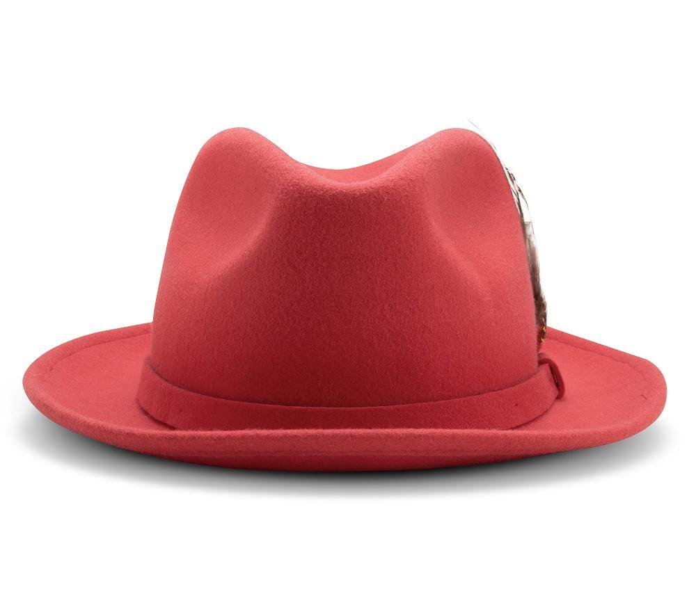 Montique Red Small Felt Band 2 ¼ Brim Wool Felt Dress Hat H-62 - Suits & More
