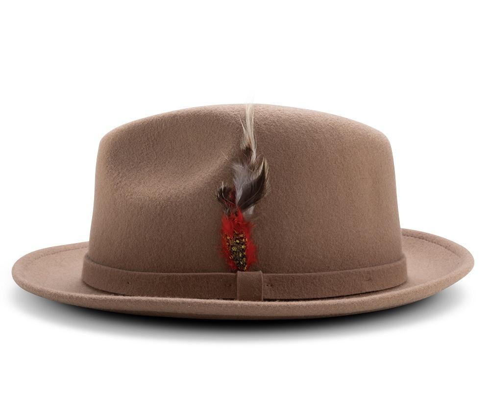 Montique Tan Small Felt Band 2 ¼ Brim Wool Felt Dress Hat H-62 - Suits & More