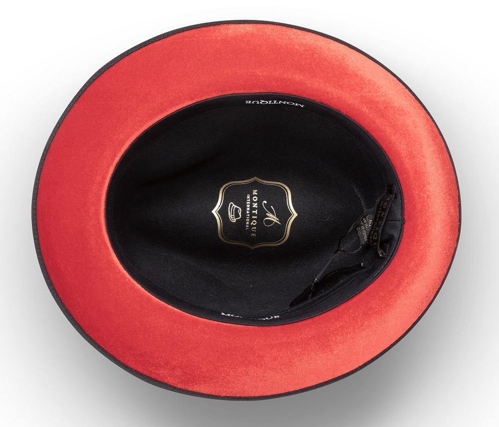 Montique Black Small Felt Band 2 ¼" Brim Red Bottom Wool Felt Dress Hat H-74 - Suits & More