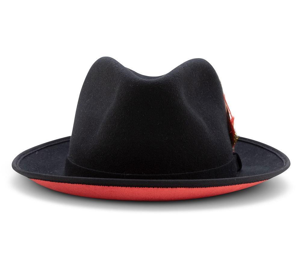 Montique Black Small Felt Band 2 ¼" Brim Red Bottom Wool Felt Dress Hat H-74 - Suits & More
