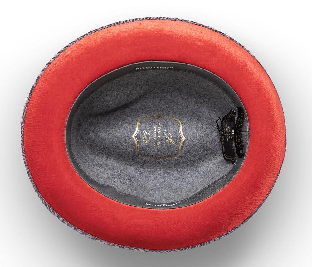 Montique Grey Small Felt Band 2 ¼" Brim Red Bottom Wool Felt Dress Hat H-74 - Suits & More