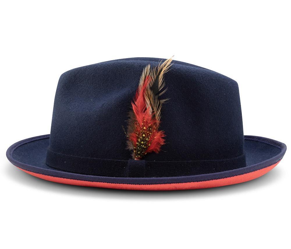 Montique Navy Small Felt Band 2 ¼" Brim Red Bottom Wool Felt Dress Hat H-74 - Suits & More