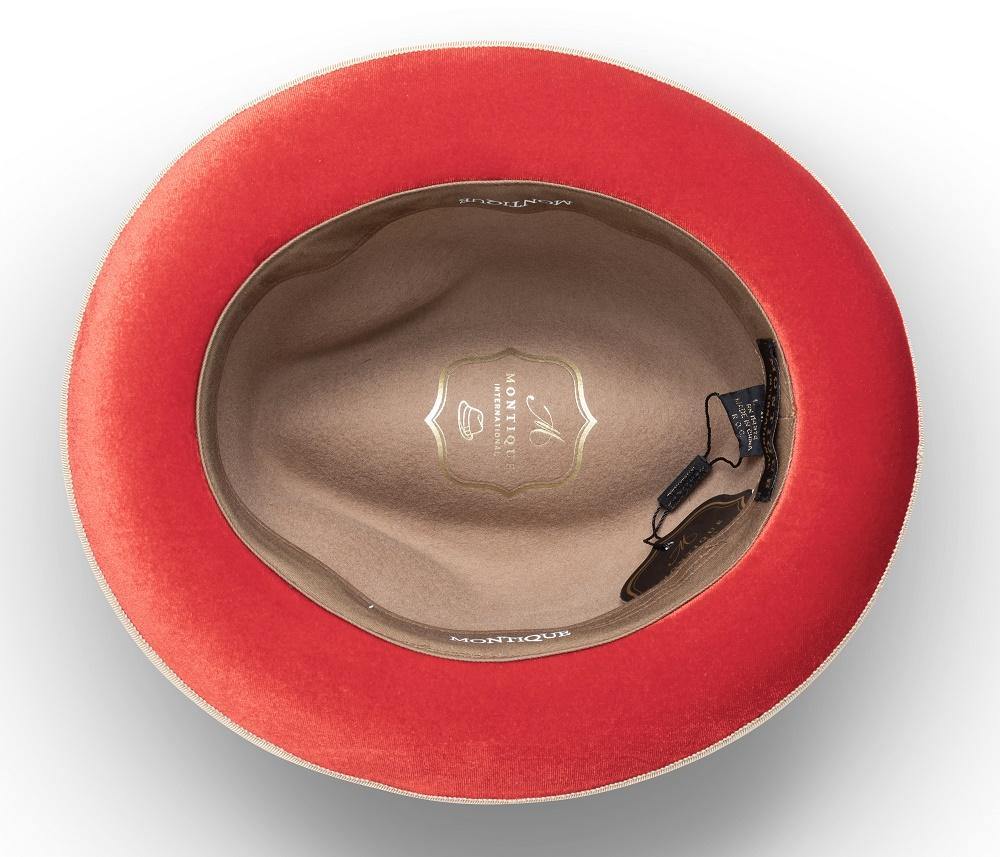 Montique Tan Small Felt Band 2 ¼" Brim Red Bottom Wool Felt Dress Hat H-74 - Suits & More
