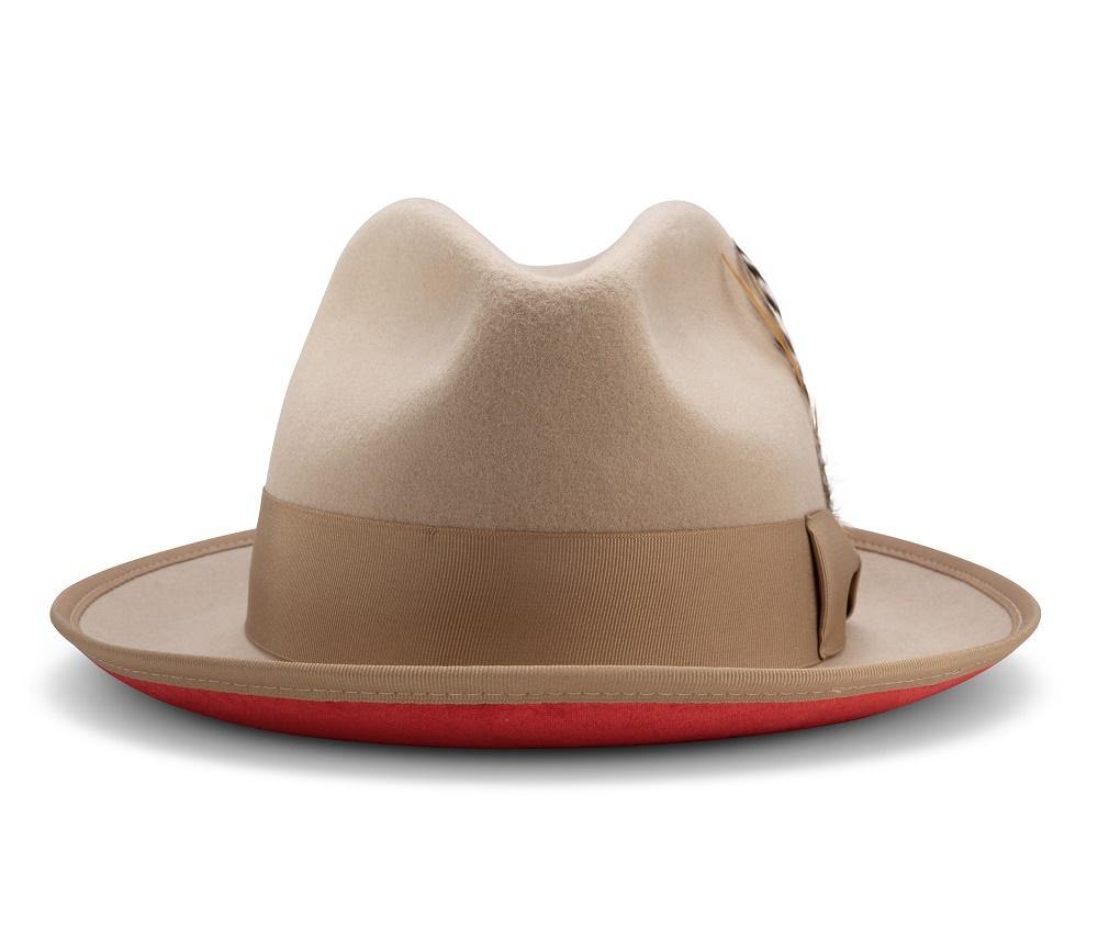Montique Beige Matching Grosgrain Ribbon 2 ¼" Brim Red Bottom Wool Felt Dress Hat H-75 - Suits & More