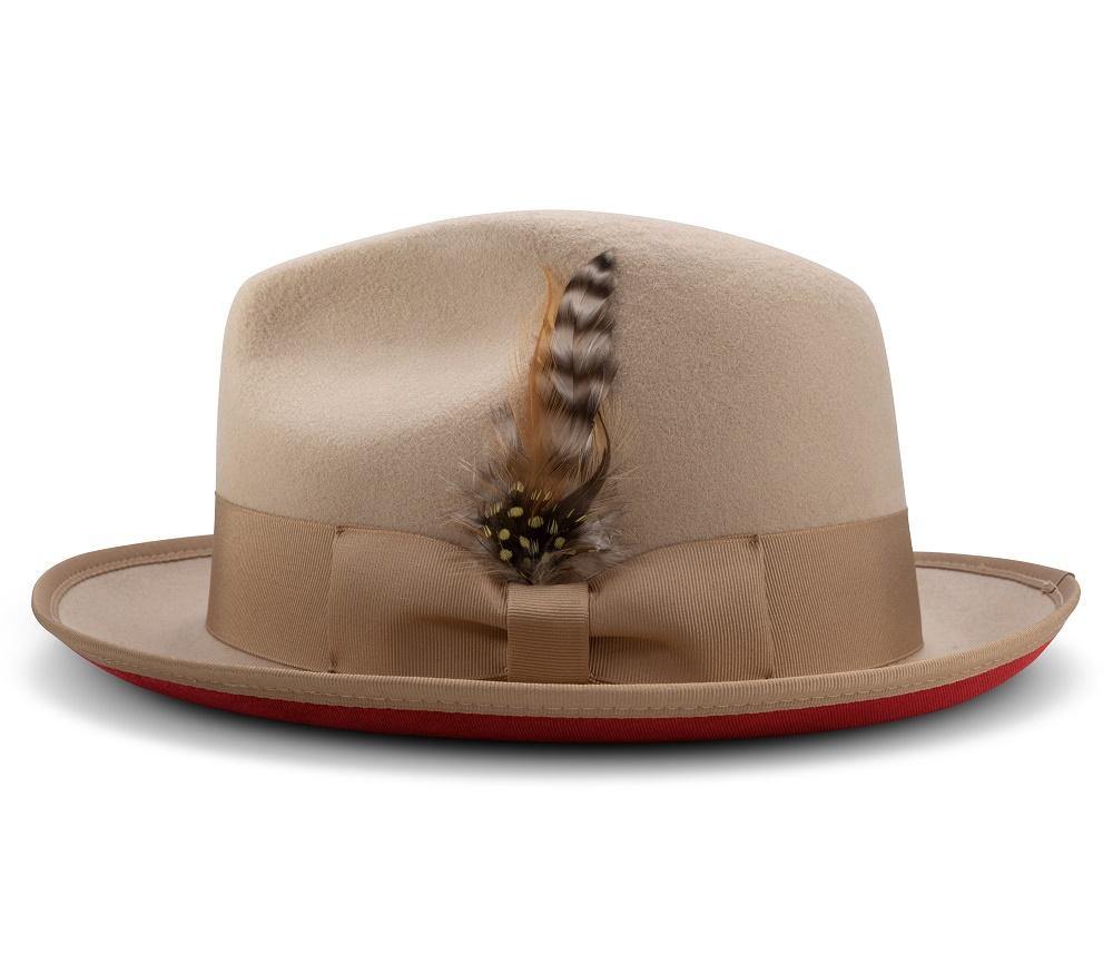 Montique Beige Matching Grosgrain Ribbon 2 ¼" Brim Red Bottom Wool Felt Dress Hat H-75 - Suits & More
