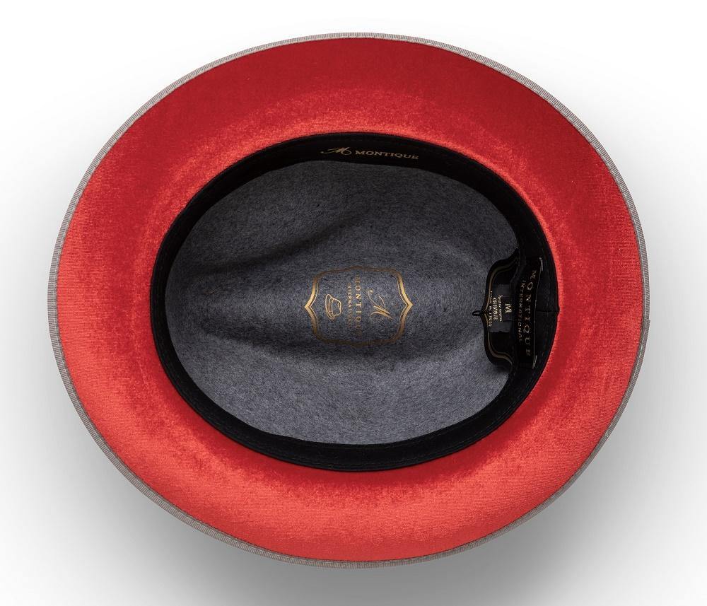 Montique Grey Matching Grosgrain Ribbon 2 ¼" Brim Red Bottom Wool Felt Dress Hat H-75 - Suits & More
