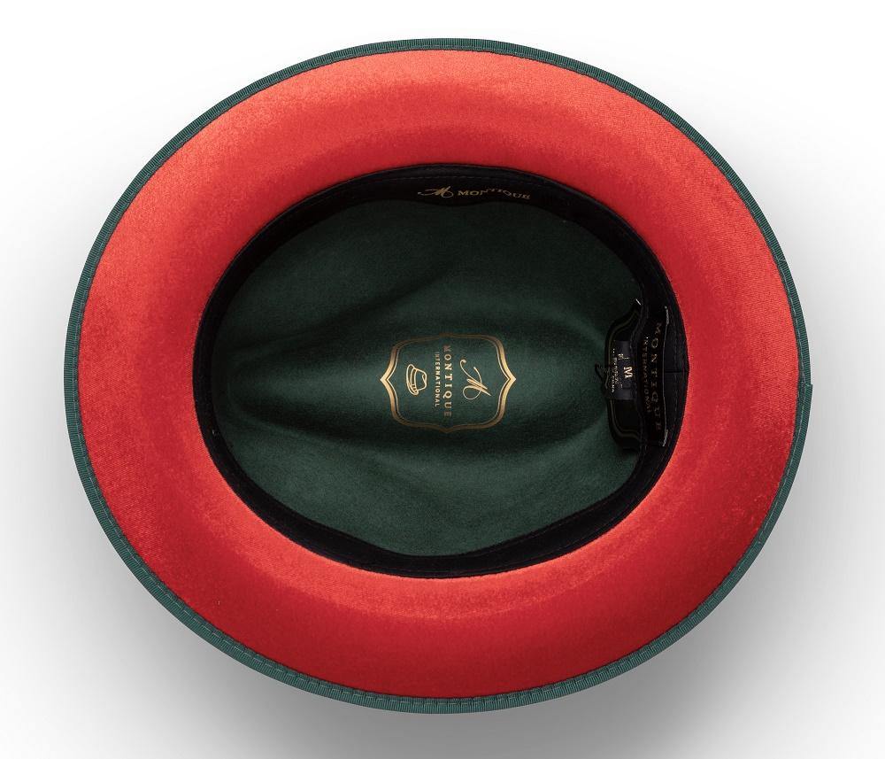 Montique Hunter Matching Grosgrain Ribbon 2 ¼" Brim Red Bottom Wool Felt Dress Hat H-75 - Suits & More