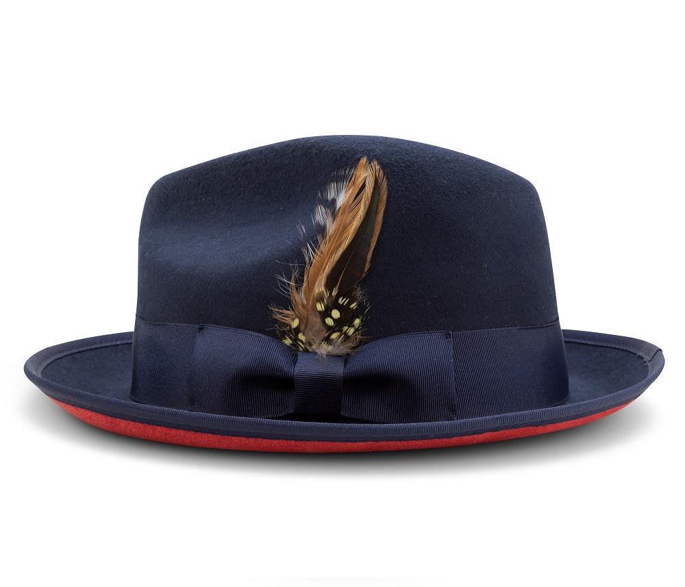 Montique Navy Matching Grosgrain Ribbon 2 ¼" Brim Red Bottom Wool Felt Dress Hat H-75 - Suits & More