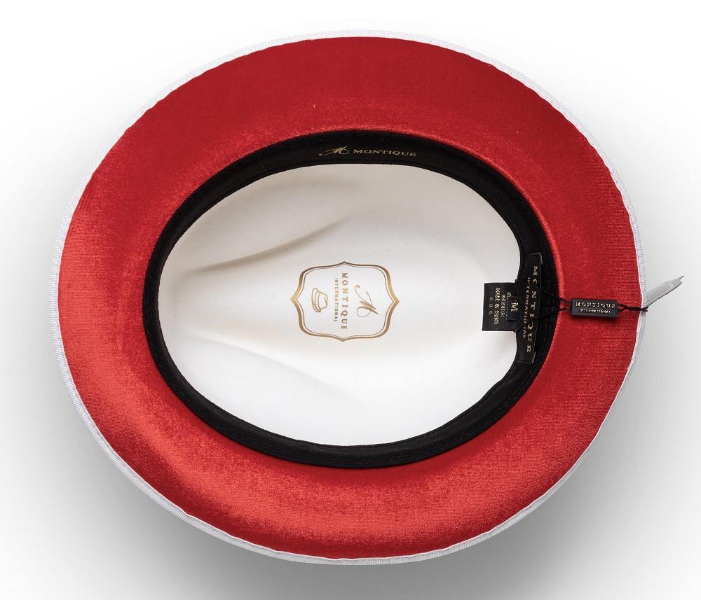 Montique White Matching Grosgrain Ribbon 2 ¼" Brim Red Bottom Wool Felt Dress Hat H-75 - Suits & More