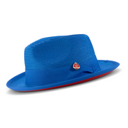 Cobalt Wide Brim Red Bottom Braided Pinch Fedora Hat