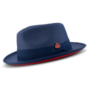 Navy Wide Brim Red Bottom Braided Pinch Fedora Hat