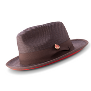 Brown Wide Brim Red Bottom Braided Pinch Fedora Hat
