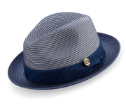 Navy Tone-on-Tone Stingy Brim Pinch Fedora Hat by Montique