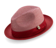 Red Tone-on-Tone Stingy Brim Pinch Fedora Hat by Montique