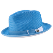 Aqua and White Braided Stingy Brim Fedora Hat by Montique