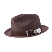 Brown and White Braided Stingy Brim Fedora Hat by Montique