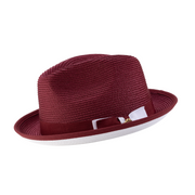 Burgundy and White Braided Stingy Brim Fedora Hat by Montique
