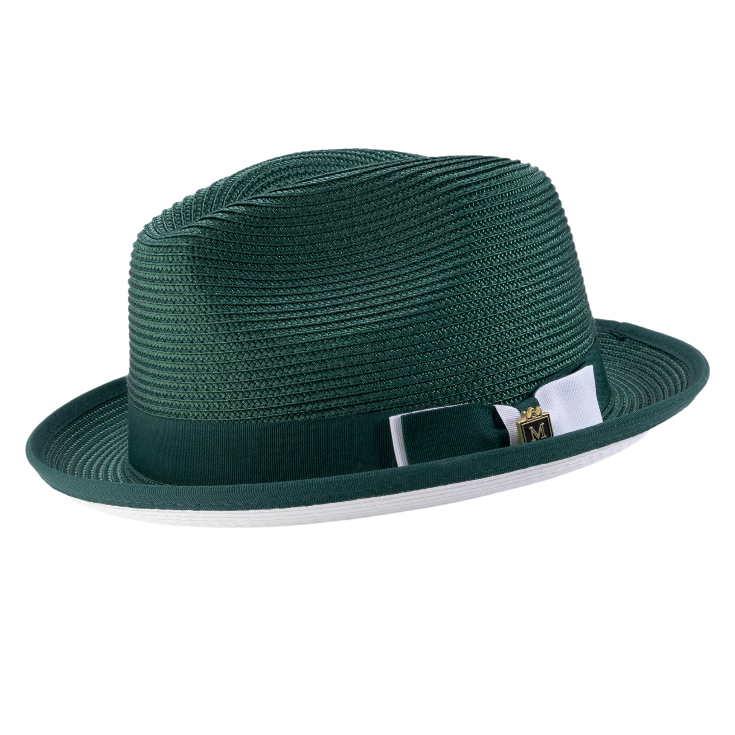 Emerald white braided men's fedora hat with stingy brim and white accent ribbon