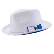 White Wide Brim Pinch Fedora Hat with Cobalt Bottom by Montique