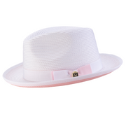 White Wide Brim Pinch Fedora Hat with Pink Bottom by Montique
