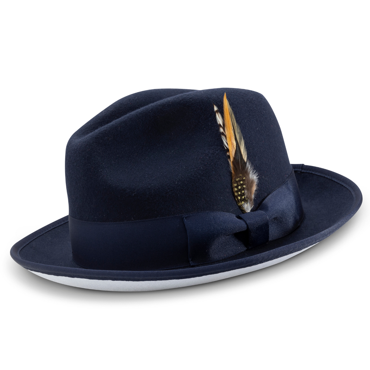 mens dress hats Navy White Bottom Felt Hat 2 1/4 Inch Brim by Montique, Medium (7 Distinctive Charm Black Satin attribute:trend:academia The two Velvet Colors:Mauve 708