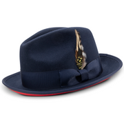 Navy Wide Brim Wool Felt Fedora Hat with Red Bottom by Montique