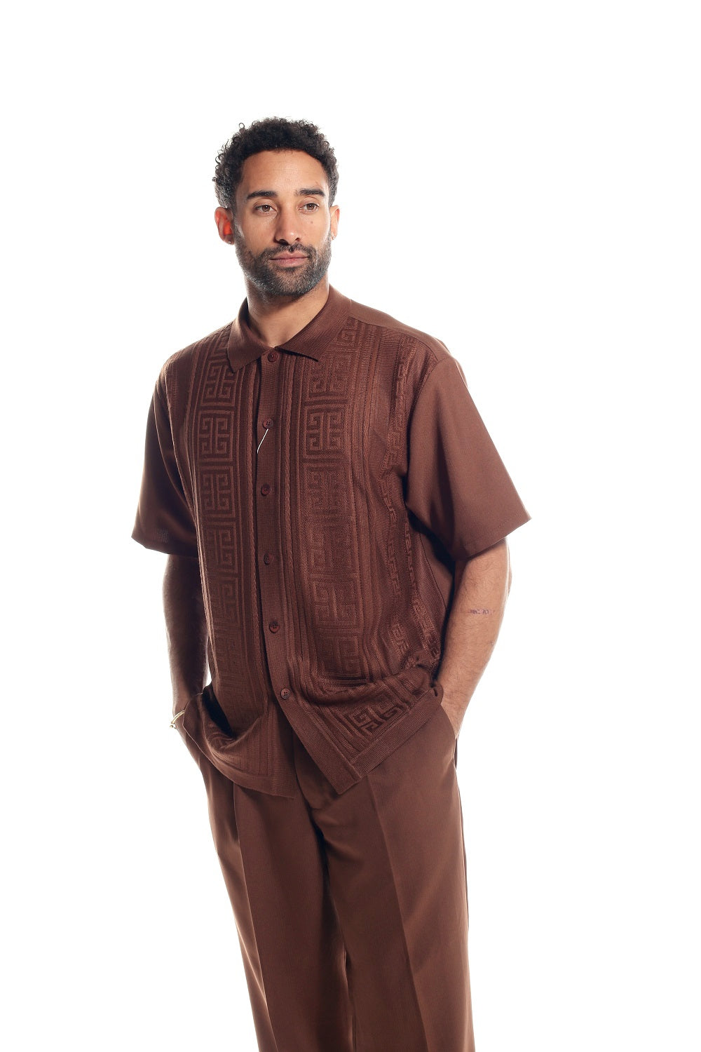 The embossed tone-on-tone jacquard Walking Suit is perfect for a spring or summer day. It is loose enough to be comfortable and breathable without being baggy.