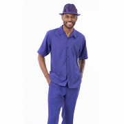 Men's Short Sleeve 2-Piece Tone-on-Tone Vertical Stripe Walking Suit - Purple