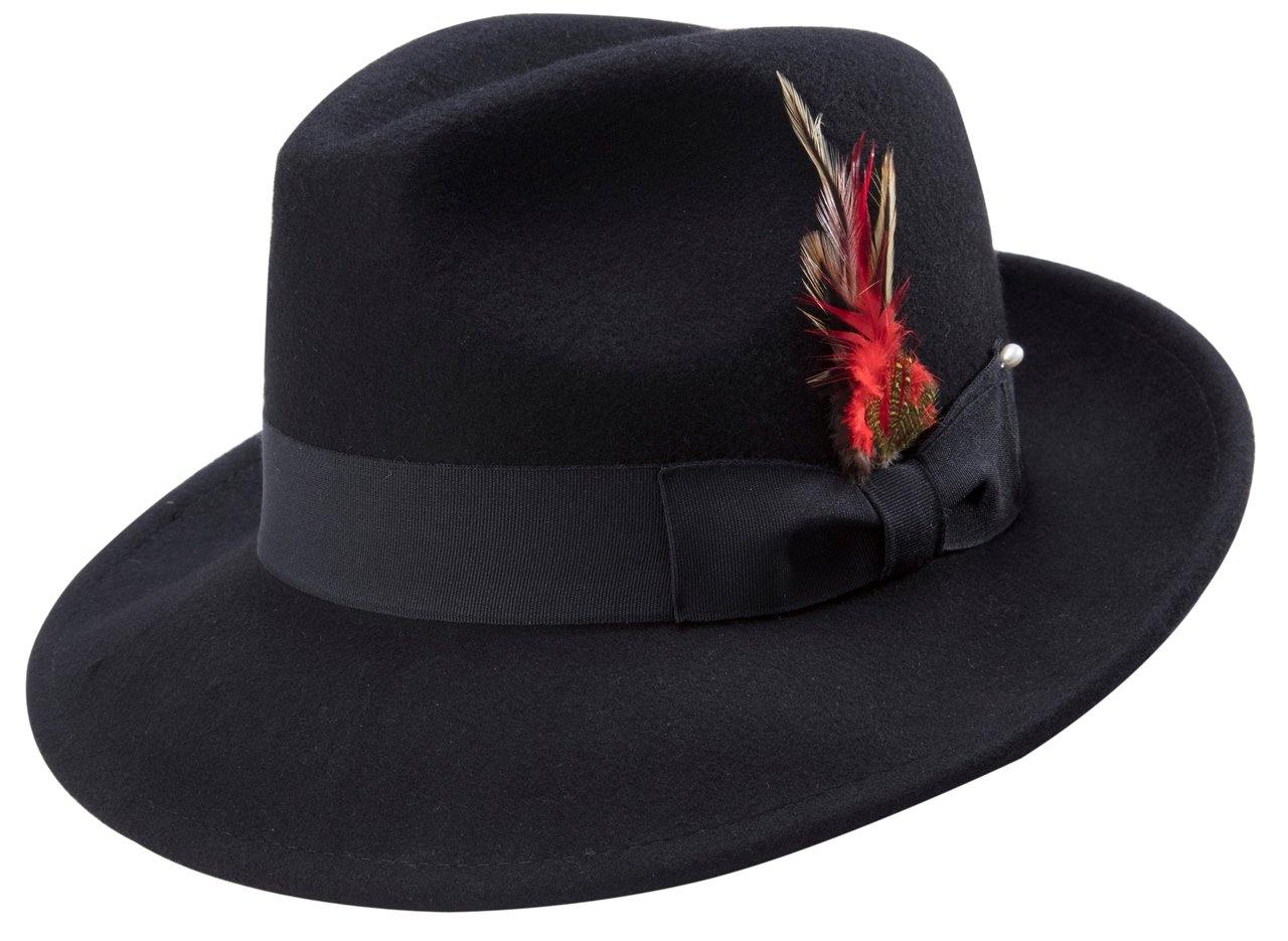 angled studio shot black short brim fedora hat